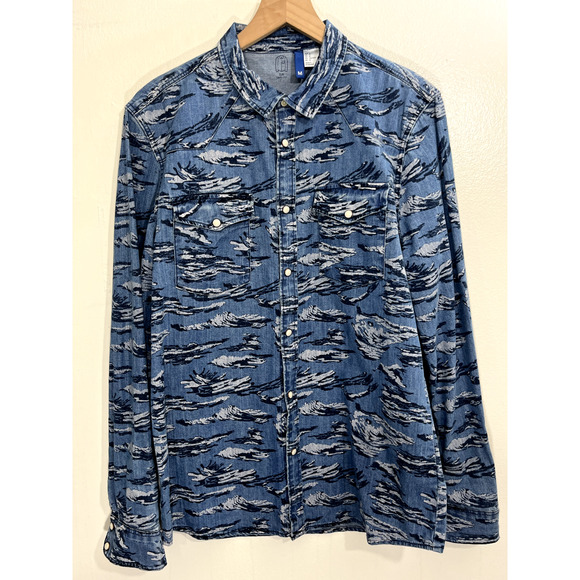 Mens Button Snap Shirt Shacket M Western Cowboy Boho Rodeo Work Chore Art Blue - Picture 1 of 14